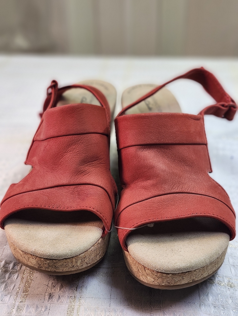 Clarks Red Leather Cork Wedge Sandals